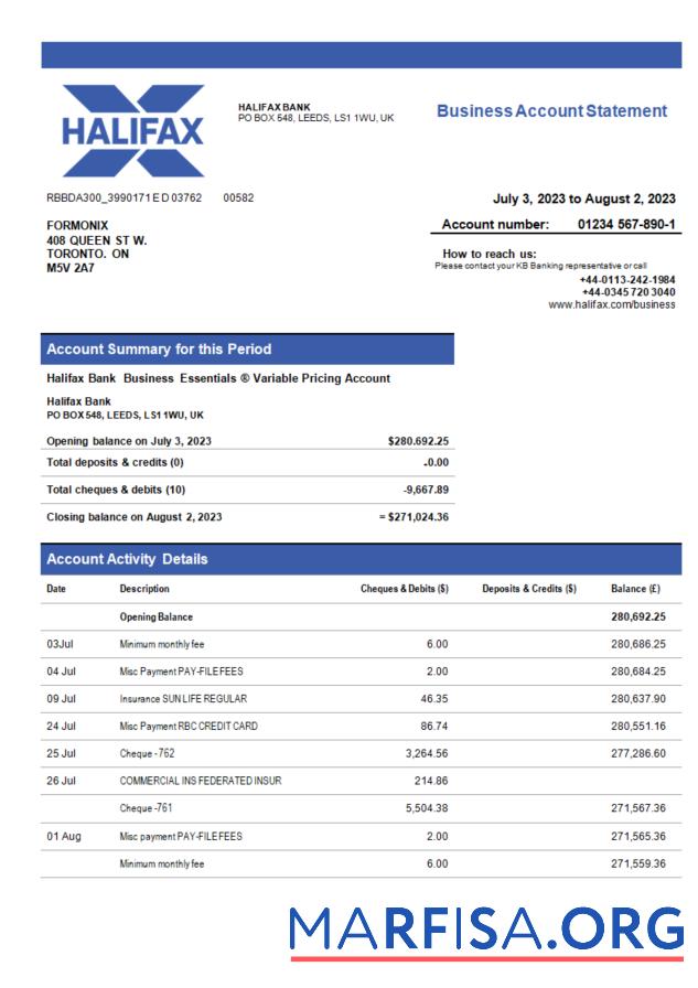 Printable Halifax Bank organization statement Word and PDF template